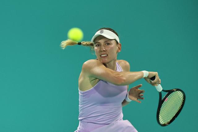 Russia’s Ekaterina Alexandrova hits a return against USA's Hailey Baptiste during their women’s singles semi-final match at the Abu Dhabi Open tennis tournament in Abu Dhabi on February 6, 2026. (Photo by Fadel SENNA / AFP)