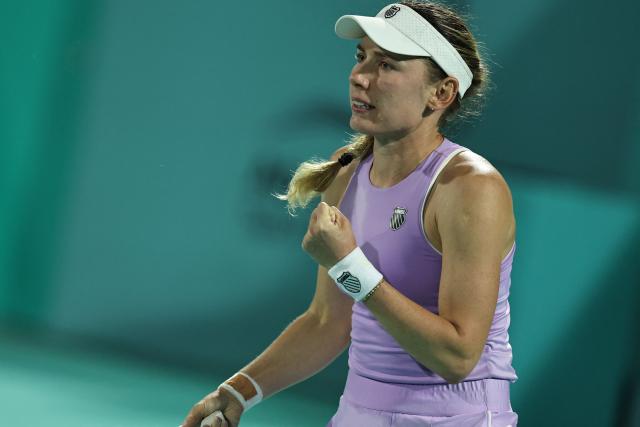 Russia’s Ekaterina Alexandrova reacts during their women’s singles semi-final match against USA's Hailey Baptiste at the Abu Dhabi Open tennis tournament in Abu Dhabi on February 6, 2026. (Photo by Fadel SENNA / AFP)
