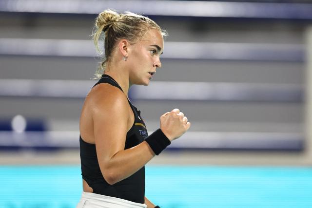 Czech Republic's Sara Bejlek reacts during their women’s singles semi-final match against Denmark’s Clara Tauson at the Abu Dhabi Open tennis tournament in Abu Dhabi on February 6, 2026. (Photo by Fadel SENNA / AFP)