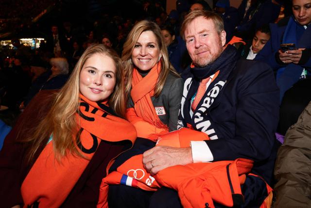 (LtoR) Catharina-Amalia, Princess of Orange, Queen Maxima of the Netherlands and King Willem-Alexander of The Netherlands pose for a photo prior to the opening ceremony of the Milano Cortina 2026 Winter Olympic Games in Milan, northern Italy, on February 6, 2026. (Photo by Andreas Rentz / POOL / AFP)