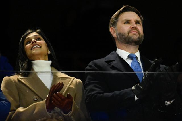 US second lady Usha Vance and US Vice President JD Vance attend the opening ceremony of the Milano Cortina 2026 Winter Olympic Games at the San Siro stadium in Milan, northern Italy, on February 6, 2026. (Photo by WANG Zhao / AFP)