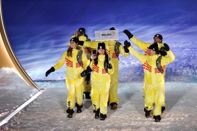 Athletes from Team Belgium arrive during the opening ceremony of the Milano Cortina 2026 Winter Olympic Games in Livigno, northern Italy, on February 6, 2026. (Photo by Cameron Spencer / POOL / AFP)