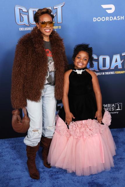 US rapper Mc Lyte and US rapper Savannah "VanVan" McConneaughey (R) attend the LA premiere of Columbia Pictures and Sony Pictures Animation's "Goat" at the AMC Century City 15 in Los Angeles on February 6, 2026. (Photo by Michael Tran / AFP)