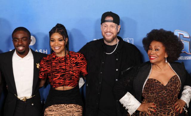 (L-R) US actor Caleb McLaughlin, US actress Gabrielle Union, US singer-songwriter Jelly Roll and US singer actress Jenifer Lewis attend the LA premiere of Columbia Pictures and Sony Pictures Animation's "Goat" at the AMC Century City 15 in Los Angeles on February 6, 2026. (Photo by Michael Tran / AFP)