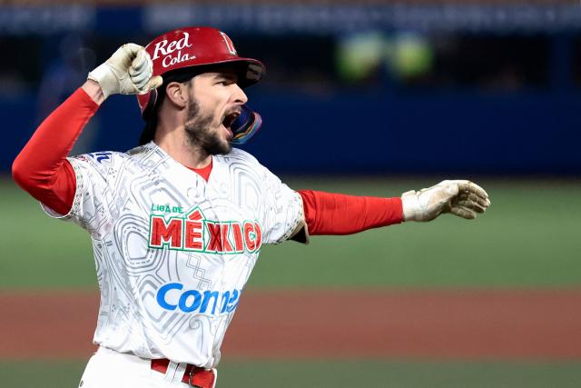 Charros de Jalisco's #79 Connor Hollis celebrates after hitting a home run in the second inning of the Caribbean Series baseball tournament semi-final game between Mexico's Charros de Jalisco and Puerto Rico's Cangrejeros de Santurce at the Panamerican Stadium in Jalisco, Mexico, on February 6, 2026. (Photo by Ulises Ruiz / AFP)