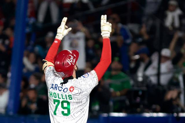 Charros de Jalisco's #79 Connor Hollis celebrates after hitting a home run in the second inning of the Caribbean Series baseball tournament semi-final game between Mexico's Charros de Jalisco and Puerto Rico's Cangrejeros de Santurce at the Panamerican Stadium in Jalisco, Mexico, on February 6, 2026. (Photo by Ulises Ruiz / AFP)