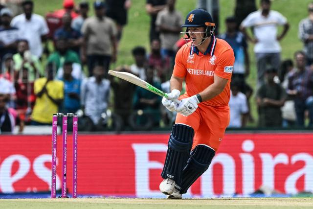 Netherlands' Michael Levitt reacts after playing a shot during the 2026 ICC Men's T20 Cricket World Cup group stage match between Pakistan and Netherlands at the Sinhalese Sports Club (SSC) Ground in Colombo on February 7, 2026. (Photo by Ishara S. KODIKARA / AFP)