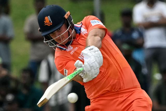 Netherlands' Michael Levitt plays a shot during the 2026 ICC Men's T20 Cricket World Cup group stage match between Pakistan and Netherlands at the Sinhalese Sports Club (SSC) Ground in Colombo on February 7, 2026. (Photo by Ishara S. KODIKARA / AFP)