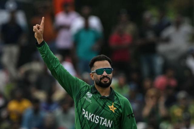 Pakistan's Mohammad Nawaz celebrates after taking the wicket of Netherlands' Michael Levitt during the 2026 ICC Men's T20 Cricket World Cup group stage match between Pakistan and Netherlands at the Sinhalese Sports Club (SSC) Ground in Colombo on February 7, 2026. (Photo by Ishara S.KODIKARA / AFP)