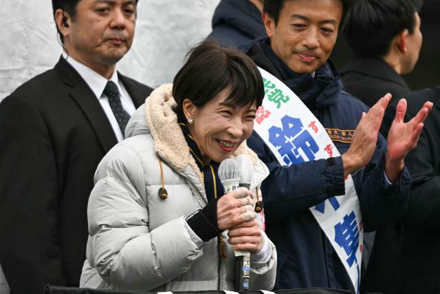 Japan's Prime Minister and President of the Liberal Democratic Party (LDP) Sanae Takaichi (C) delivers a campaign speech ahead of the House of Representatives election, at Rekisen Park in Tokyo on February 7, 2026. (Photo by Philip FONG / AFP)