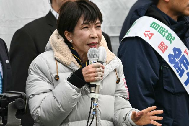 Japan's Prime Minister and President of the Liberal Democratic Party (LDP) Sanae Takaichi delivers a campaign speech ahead of the House of Representatives election, at Rekisen Park in Tokyo on February 7, 2026. (Photo by Philip FONG / AFP)