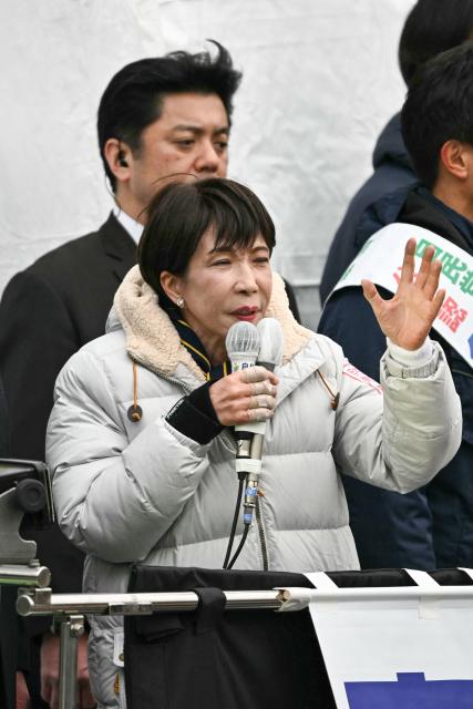 Japan's Prime Minister and President of the Liberal Democratic Party (LDP) Sanae Takaichi delivers a campaign speech ahead of the House of Representatives election, at Rekisen Park in Tokyo on February 7, 2026. (Photo by Philip FONG / AFP)