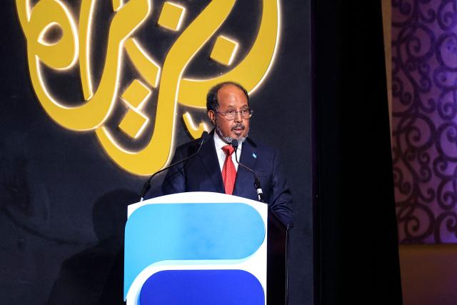Somalia's President Hassan Sheikh Mohamud speaks during the 17th edition of the Al-Jazeera Forum in Doha on February 7, 2026. (Photo by Karim JAAFAR / AFP)