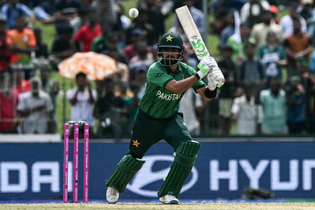 Pakistan's Babar Azam plays a shot during the 2026 ICC Men's T20 Cricket World Cup group stage match between Pakistan and Netherlands at the Sinhalese Sports Club (SSC) Ground in Colombo on February 7, 2026. (Photo by Ishara S. KODIKARA / AFP)