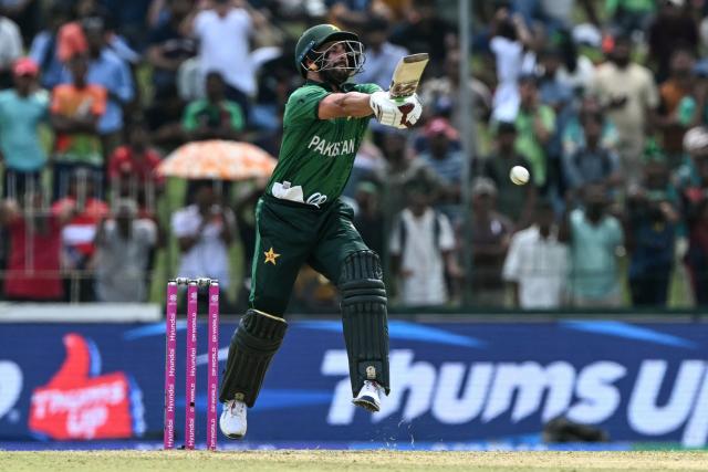 Pakistan's Sahibzada Farhan reacts while playing a shot during the 2026 ICC Men's T20 Cricket World Cup group stage match between Pakistan and Netherlands at the Sinhalese Sports Club (SSC) Ground in Colombo on February 7, 2026. (Photo by Ishara S. KODIKARA / AFP)