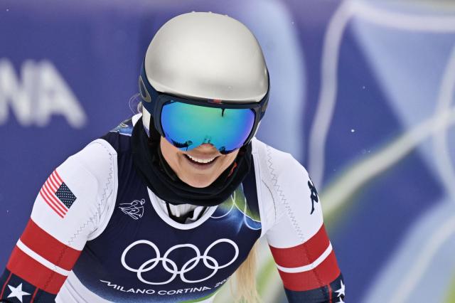 US' Lindsey Vonn reacts during an official training for the women's downhill event during the Milano Cortina 2026 Winter Olympic Games at the Tofane Alpine Skiing Centre in Cortina d’Ampezzo on February 7, 2026. (Photo by Tiziana FABI / AFP)