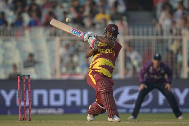 West Indies' Shimron Hetmyer plays a shot during the 2026 ICC Men's T20 Cricket World Cup group stage match between Scotland and West Indies at the Eden Gardens in Kolkata on February 7, 2026. (Photo by Dibyangshu SARKAR / AFP)
