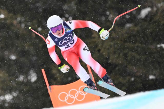 Switzerland's Jasmine Flury takes part of an official training for the women's downhill event during the Milano Cortina 2026 Winter Olympic Games at the Tofane Alpine Skiing Centre in Cortina d’Ampezzo on February 7, 2026. (Photo by Franзois-Xavier MARIT / AFP)