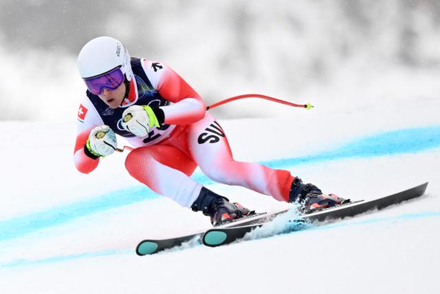 Switzerland's Jasmine Flury takes part of an official training for the women's downhill event during the Milano Cortina 2026 Winter Olympic Games at the Tofane Alpine Skiing Centre in Cortina d’Ampezzo on February 7, 2026. (Photo by Franзois-Xavier MARIT / AFP)