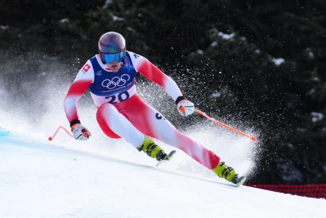 Switzerland's Stefan Rogentin competes in the men's downhill alpine skiing event during the Milano Cortina 2026 Winter Olympic Games at the Stelvio Ski Centre in Bormio (Valtellina) on February 7, 2026. (Photo by Dimitar DILKOFF / AFP)