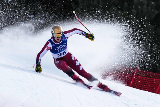 Canada's Jeffrey Read competes in the men's downhill alpine skiing event during the Milano Cortina 2026 Winter Olympic Games at the Stelvio Ski Centre in Bormio (Valtellina) on February 7, 2026. (Photo by Dimitar DILKOFF / AFP)