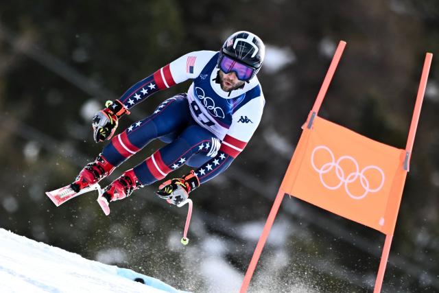 US' Kyle Negomir competes in the men's downhill alpine skiing event during the Milano Cortina 2026 Winter Olympic Games at the Stelvio Ski Centre in Bormio (Valtellina) on February 7, 2026. (Photo by Fabrice COFFRINI / AFP)
