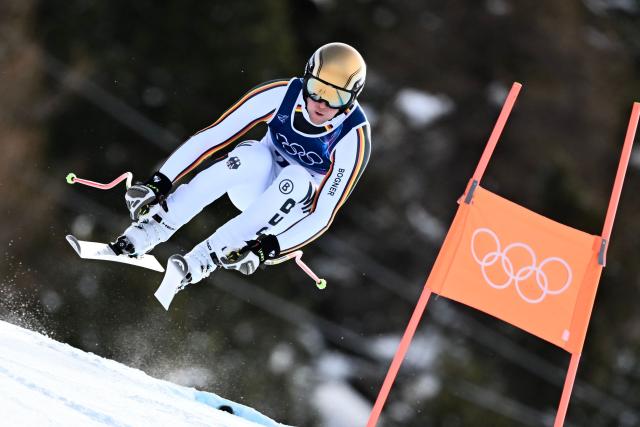 Germany's Simon Jocher competes in the men's downhill alpine skiing event during the Milano Cortina 2026 Winter Olympic Games at the Stelvio Ski Centre in Bormio (Valtellina) on February 7, 2026. (Photo by Fabrice COFFRINI / AFP)