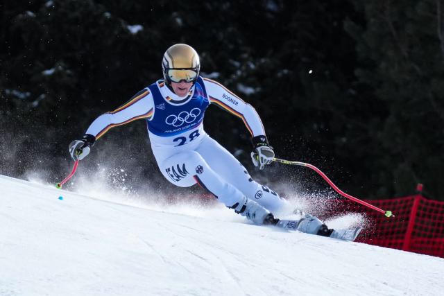 Germany's Simon Jocher competes in the men's downhill alpine skiing event during the Milano Cortina 2026 Winter Olympic Games at the Stelvio Ski Centre in Bormio (Valtellina) on February 7, 2026. (Photo by Dimitar DILKOFF / AFP)