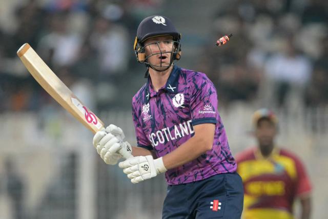 Scotland's Brandon McMullen is clean bowled during the 2026 ICC Men's T20 Cricket World Cup group stage match between Scotland and West Indies at the Eden Gardens in Kolkata on February 7, 2026. (Photo by Dibyangshu SARKAR / AFP)