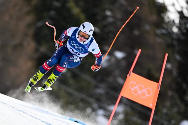 US' Sam Morse competes in the men's downhill alpine skiing event during the Milano Cortina 2026 Winter Olympic Games at the Stelvio Ski Centre in Bormio (Valtellina) on February 7, 2026. (Photo by Fabrice COFFRINI / AFP)