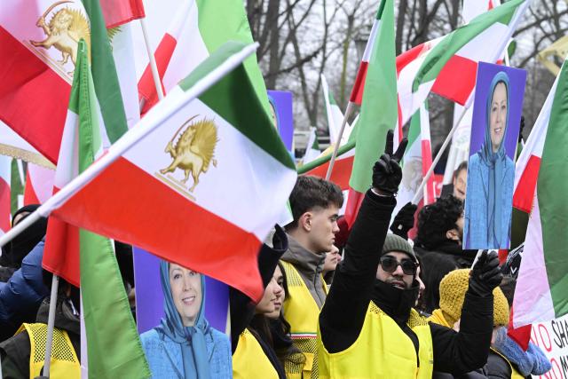 Supporters of Maryam Rajavi, leader of the People's Mujahedin of Iran (MEK), take part in a demonstration against the Iranian government, in Berlin on February 7, 2026. (Photo by John MACDOUGALL / AFP)