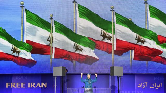 Maryam Rajavi, leader of the People's Mujahedin of Iran (MEK), speaks to supporters during a demonstration against the Iranian government, in Berlin on February 7, 2026. (Photo by John MACDOUGALL / AFP)