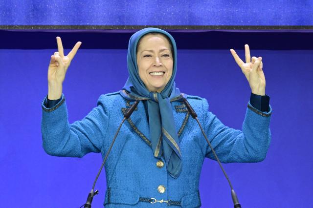 Maryam Rajavi, leader of the People's Mujahedin of Iran (MEK), speaks to supporters during a demonstration against the Iranian government, in Berlin on February 7, 2026. (Photo by John MACDOUGALL / AFP)