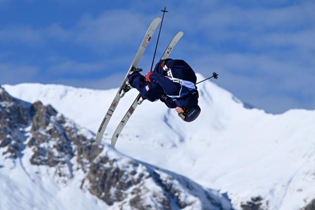 USA's Mac Forehand competes in the freestyle skiing men's freeski slopestyle qualification run 1 during the Milano Cortina 2026 Winter Olympic Games at Livigno Snow Park, in Livigno (Valtellina), on February 7, 2026. (Photo by Kirill KUDRYAVTSEV / AFP)