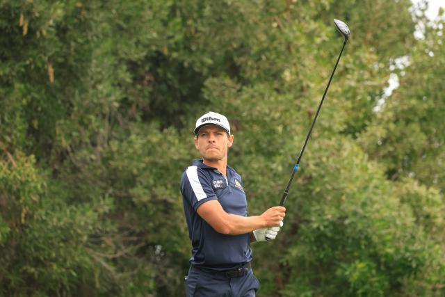 Joakim Lagergren of Sweden plays his tee shot on the 4th hole during the third day of the Qatar Masters 2026 golf tournament at Doha Golf Club in Doha on February 7, 2026. (Photo by Karim JAAFAR / AFP)