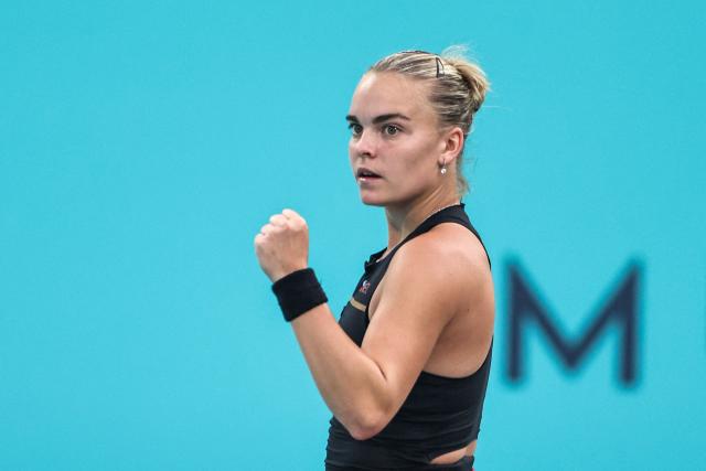 Czech Republic's Sara Bejlek reacts after a point against Russia’s Ekaterina Alexandrova during their women’s singles final match at the Abu Dhabi Open tennis tournament in Abu Dhabi on February 7, 2026. (Photo by Fadel SENNA / AFP)