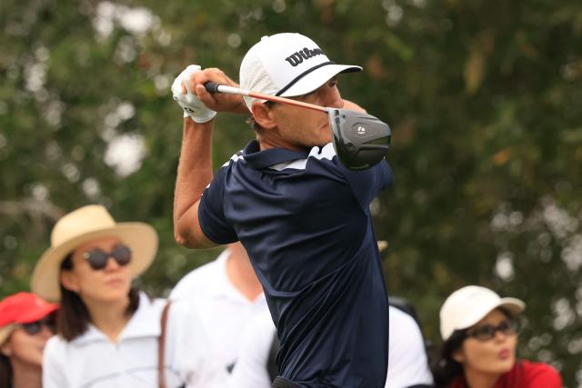 Joakim Lagergren of Sweden plays his tee shot on the 2nd hole during the third day of the Qatar Masters 2026 golf tournament at Doha Golf Club in Doha on February 7, 2026. (Photo by Karim JAAFAR / AFP)