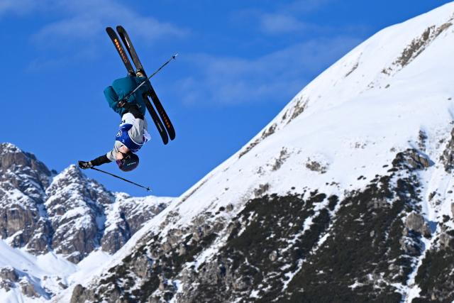 Switzerland's Nils Rhyner competes in the freestyle skiing men's freeski slopestyle qualification run 1 during the Milano Cortina 2026 Winter Olympic Games at Livigno Snow Park, in Livigno (Valtellina), on February 7, 2026. (Photo by Kirill KUDRYAVTSEV / AFP)