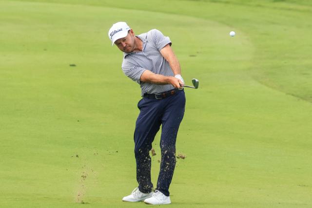 South Africa's Richard Sterne plays his shot on the 2nd hole during the third day of the Qatar Masters 2026 golf tournament at Doha Golf Club in Doha on February 7, 2026. (Photo by Karim JAAFAR / AFP)