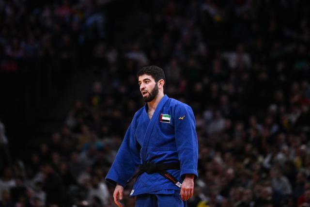 United Arab Emirates' Makhmadbek Makhmadbekov reacts after winning against France's Dayyan Boulemtafes (not pictures) the men's -73kg Semi-Final at the Paris Grand Slam judo tournament in Paris on February 7, 2026. (Photo by Julie SEBADELHA / AFP)