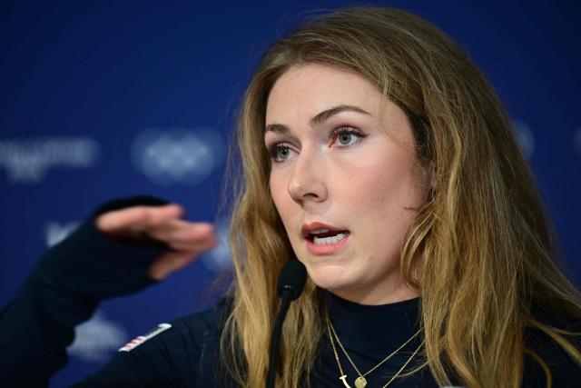 US' alpine skier Mikaela Shiffrin speaks during a press conference during the Milano Cortina 2026 Winter Olympic Games at the Cortina Curling Olympic Stadium in Cortina d’Ampezzo on February 7, 2026. (Photo by Stefano RELLANDINI / AFP)