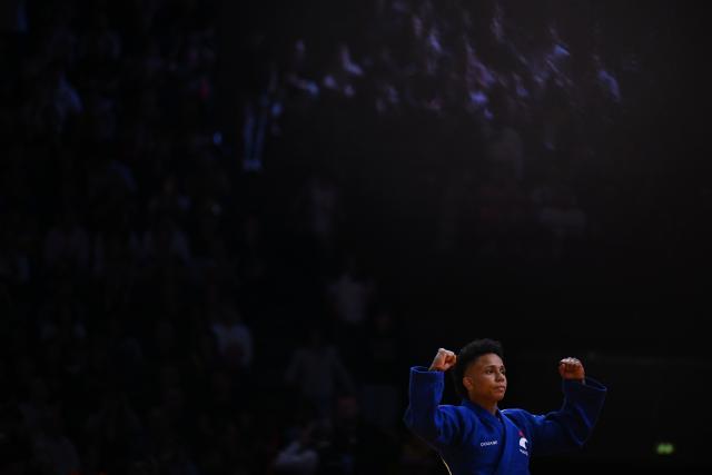 GuestFrance's Amandine Buchard celebrates after winning against South Korea's Seyung Jang in the women's -52kg Bronze medal bout at the Paris Grand Slam judo tournament in Paris on February 7, 2026. (Photo by Julie SEBADELHA / AFP)