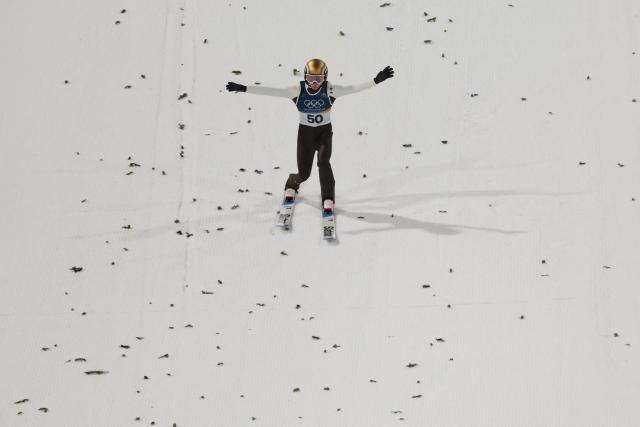Slovenia's Nika Prevc lands after jumping during the women's ski jumping normal hill individual trial round of the Milano Cortina 2026 Winter Olympic Games at Predazzo Ski Jumping Stadium in Predazzo (Val di Fiemme), on February 7, 2026. (Photo by Anne-Christine POUJOULAT / AFP)