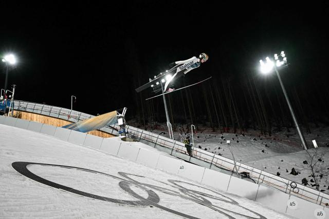 Slovenia's Nika Prevc jumps during the women's ski jumping normal hill individual trial round of the Milano Cortina 2026 Winter Olympic Games at Predazzo Ski Jumping Stadium in Predazzo (Val di Fiemme), on February 7, 2026. (Photo by Javier SORIANO / AFP)