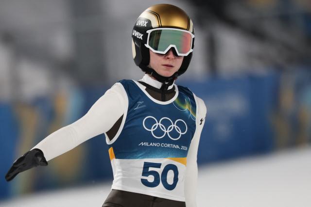 Slovenia's Nika Prevc reacts after a jump during the women's ski jumping normal hill individual 1st round of the Milano Cortina 2026 Winter Olympic Games at Predazzo Ski Jumping Stadium in Predazzo (Val di Fiemme), on February 7, 2026. (Photo by Anne-Christine POUJOULAT / AFP)