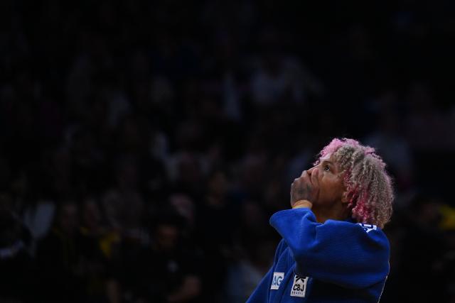 Brazil's Rafaela Silva reacts after winning against Mongolia's Enkhriilen Lkhagvatogoo in the women's -63kg Final at the Paris Grand Slam judo tournament in Paris on February 7, 2026. (Photo by Julie SEBADELHA / AFP)