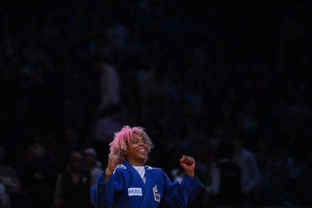 Brazil's Rafaela Silva celebrates after winning against Mongolia's Enkhriilen Lkhagvatogoo in the women's -63kg Final at the Paris Grand Slam judo tournament in Paris on February 7, 2026. (Photo by Julie SEBADELHA / AFP)