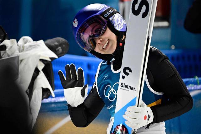 Japan's Sara Takanashi reacts after a jump during the women's ski jumping normal hill individual 1st round of the Milano Cortina 2026 Winter Olympic Games at Predazzo Ski Jumping Stadium in Predazzo (Val di Fiemme), on February 7, 2026. (Photo by Tobias SCHWARZ / AFP)