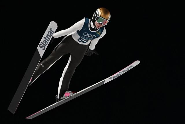 Slovenia's Nika Prevc jumps during the women's ski jumping normal hill individual final round of the Milano Cortina 2026 Winter Olympic Games at Predazzo Ski Jumping Stadium in Predazzo (Val di Fiemme), on February 7, 2026. (Photo by Javier SORIANO / AFP)