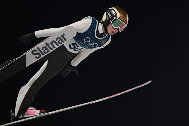 Slovenia's Nika Prevc jumps during the women's ski jumping normal hill individual final round of the Milano Cortina 2026 Winter Olympic Games at Predazzo Ski Jumping Stadium in Predazzo (Val di Fiemme), on February 7, 2026. (Photo by Javier SORIANO / AFP)